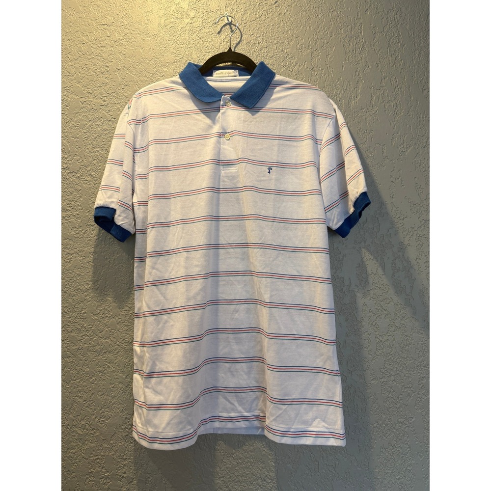 Collezione Mens Large White Striped Short Sleeve Polo Shirt‎ Blue Collar Logo